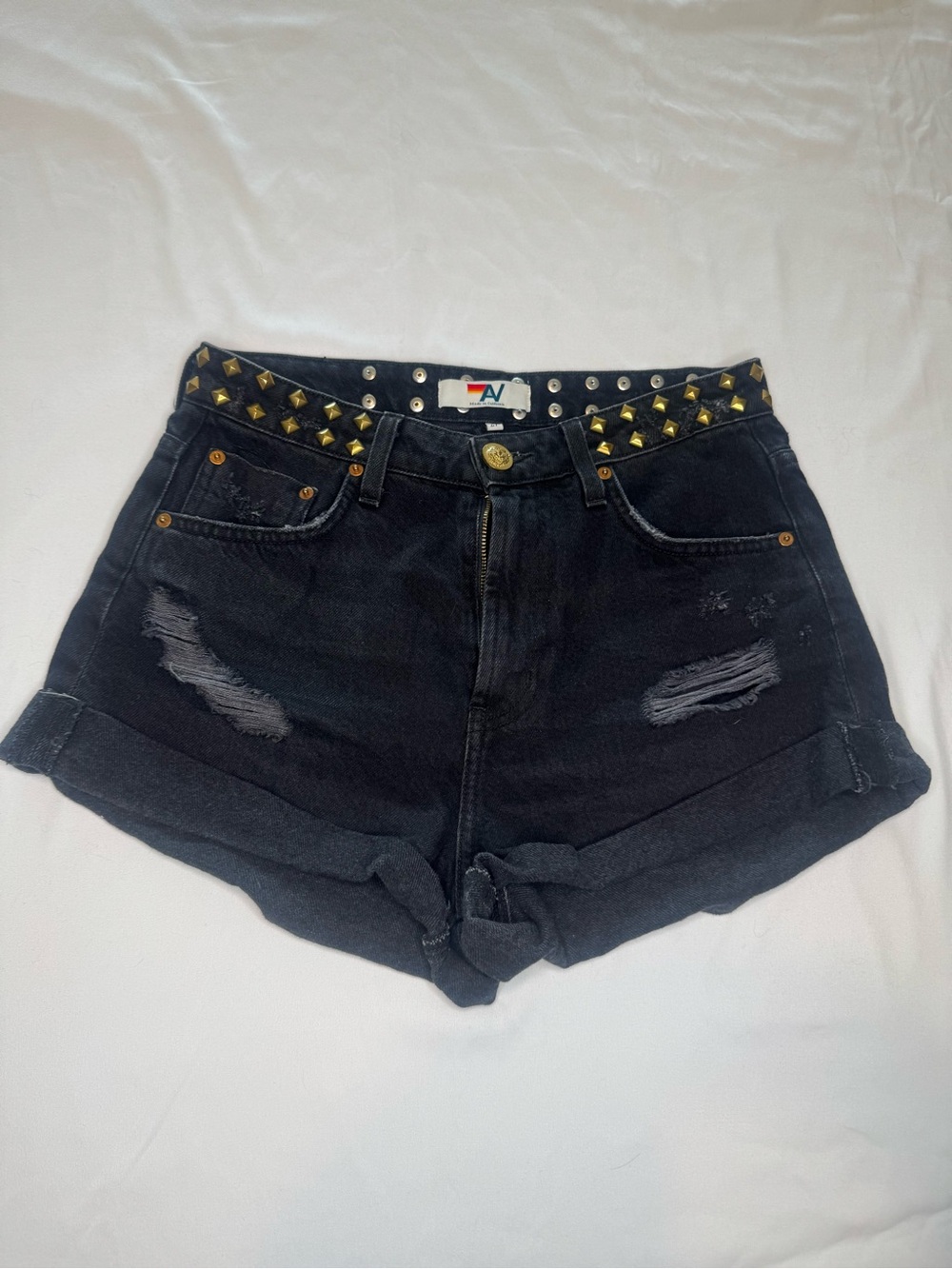 Aviator Nation Black Distressed Jean Shorts with Gold Studded Waist- Size 27